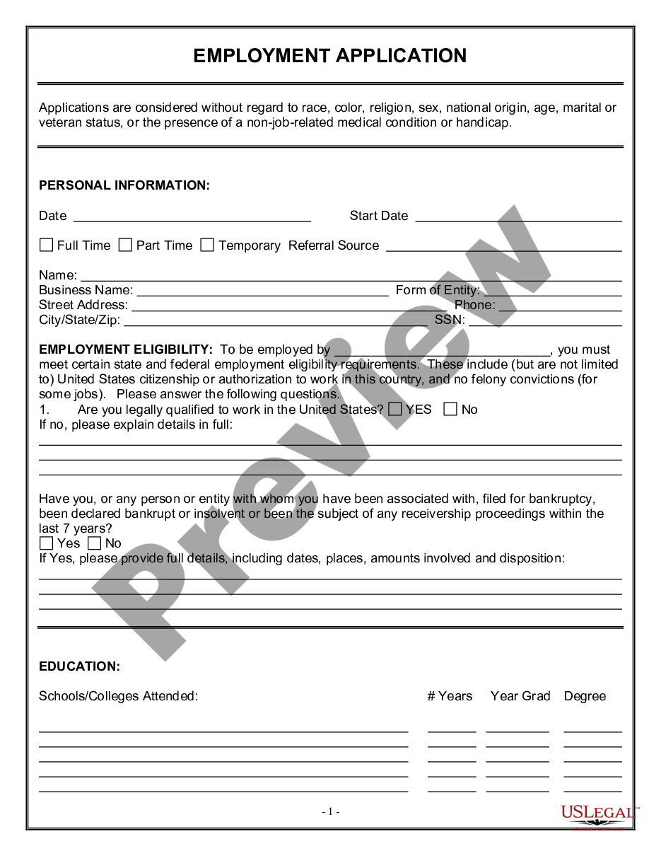 page 0 Employment or Work Application - General preview