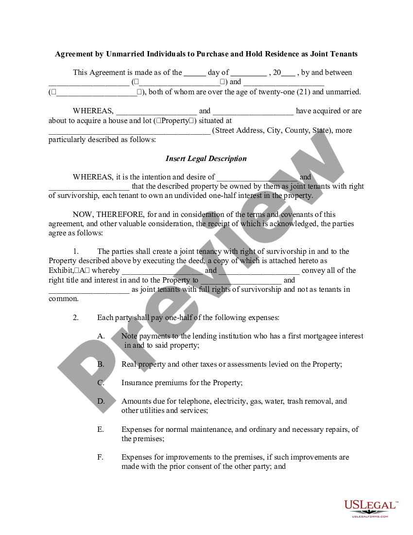 Florida Agreement By Unmarried Individuals To Purchase And Hold Residence As Joint Tenants 3023