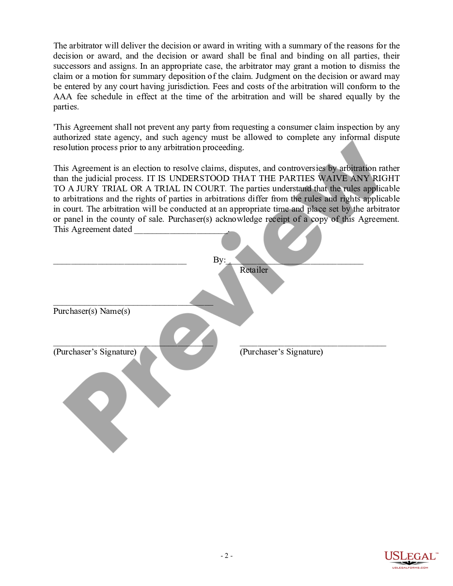page 1 Arbitration Agreement for Car Purchase preview