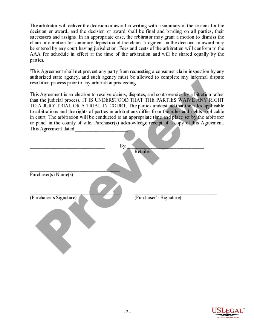 Get Arbitration Agreement for Car Purchase Preview Arbitration Agreement for Car Purchase