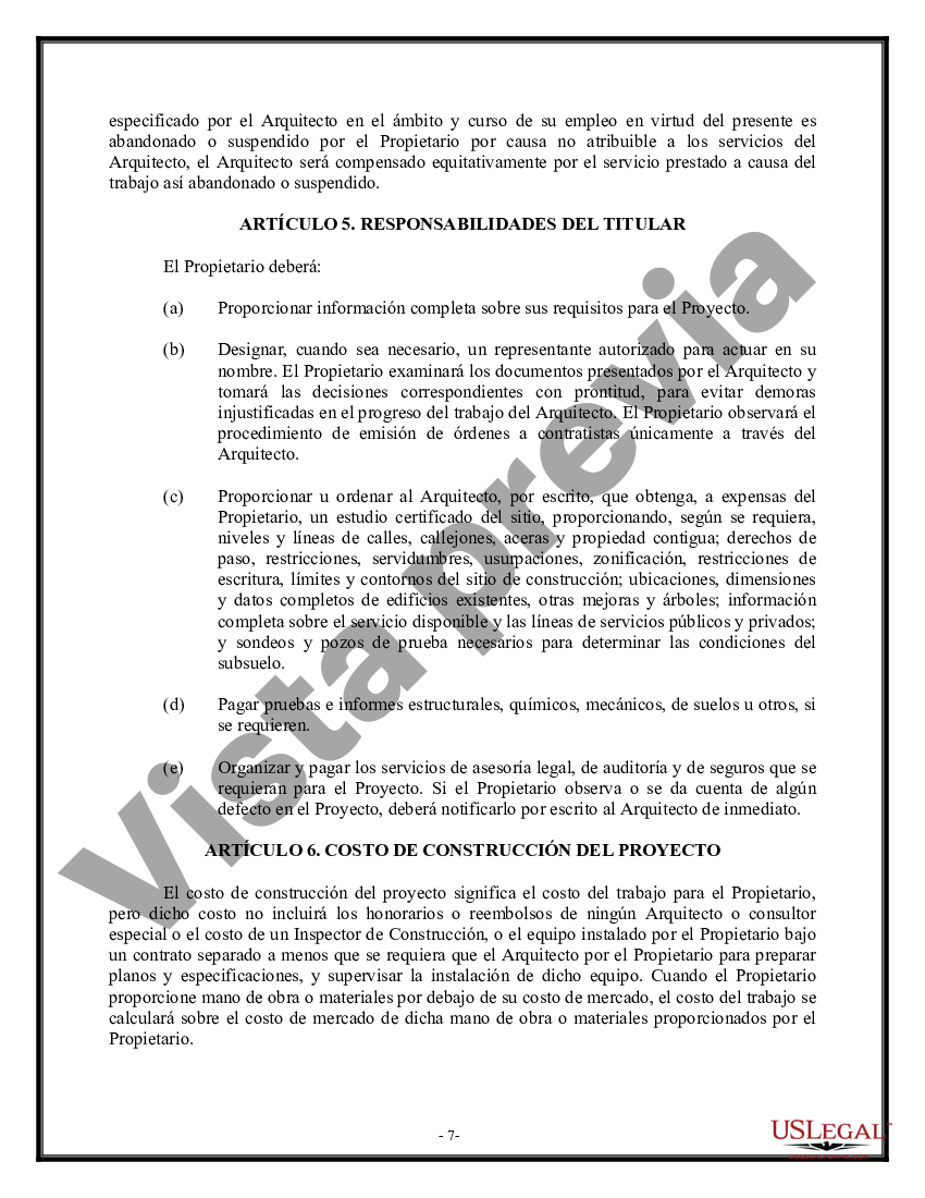 California Contrato De Arquitecto Para Diseño Us Legal Forms 8221