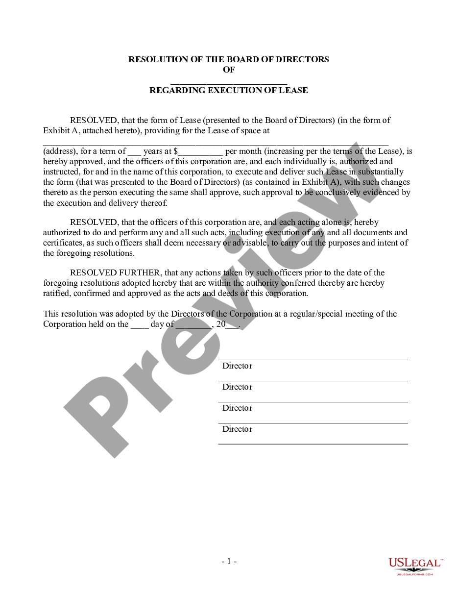 page 0 Resolution of the Board of Directors Regarding Execution of Lease preview