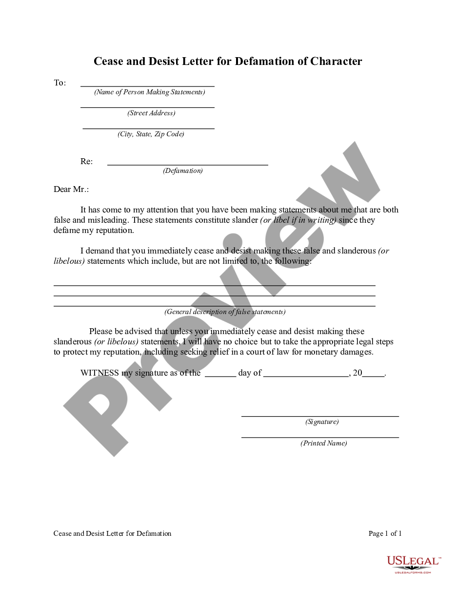 form Cease and Desist Letter for Libelous or Slanderous Statements - Defamation of Character preview