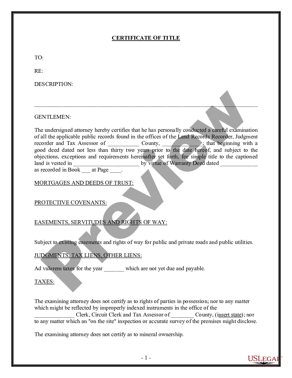 page 0 Attorney Certificate of Title Form preview