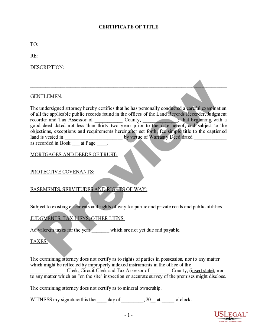 Attorney Certificate of Title Form Attorney Title Application US