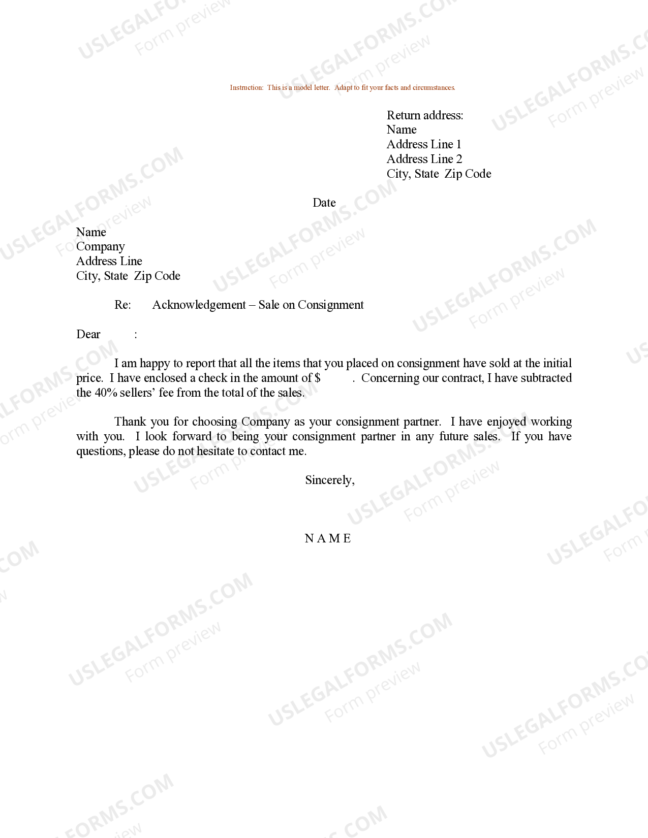 New Jersey Sample Letter for Acknowledgment Sale on Consignment