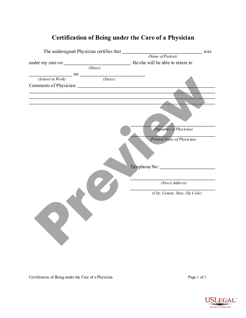 Certification of Being Under Physician's Care US Legal Forms