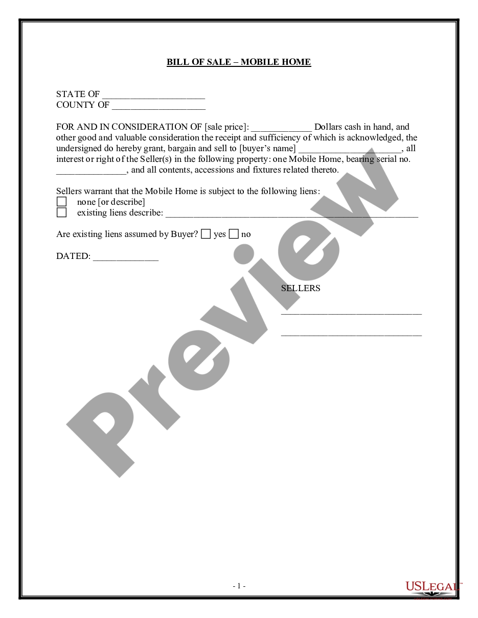 form Bill of Sale of Mobile Home with or without Existing Lien preview