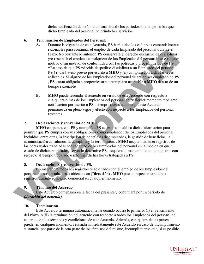 Preview Acuerdo entre contratistas independientes que trabajan por cuenta propia para proporcionar personal profesional a una organización de salud mental