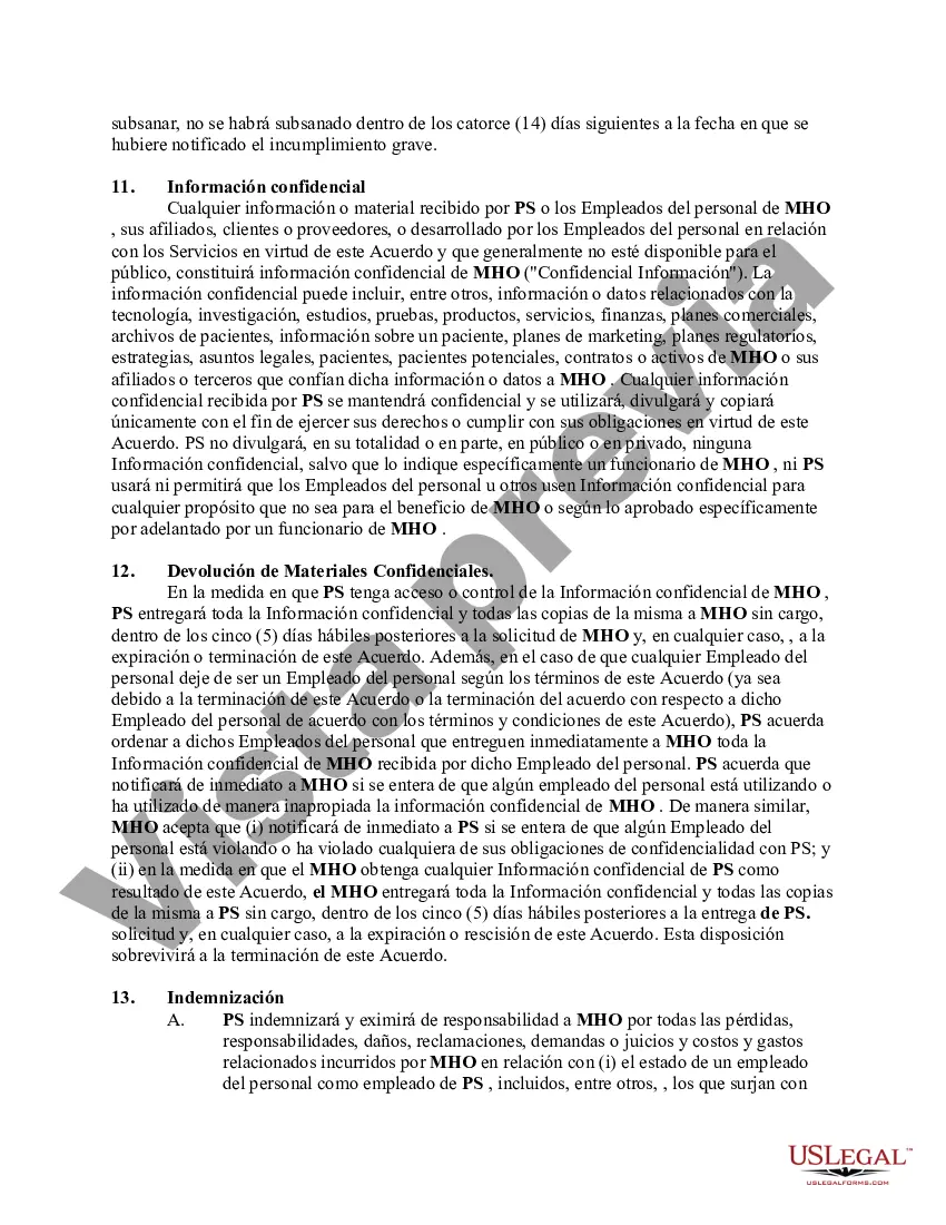 Preview Acuerdo entre contratistas independientes que trabajan por cuenta propia para proporcionar personal profesional a una organización de salud mental