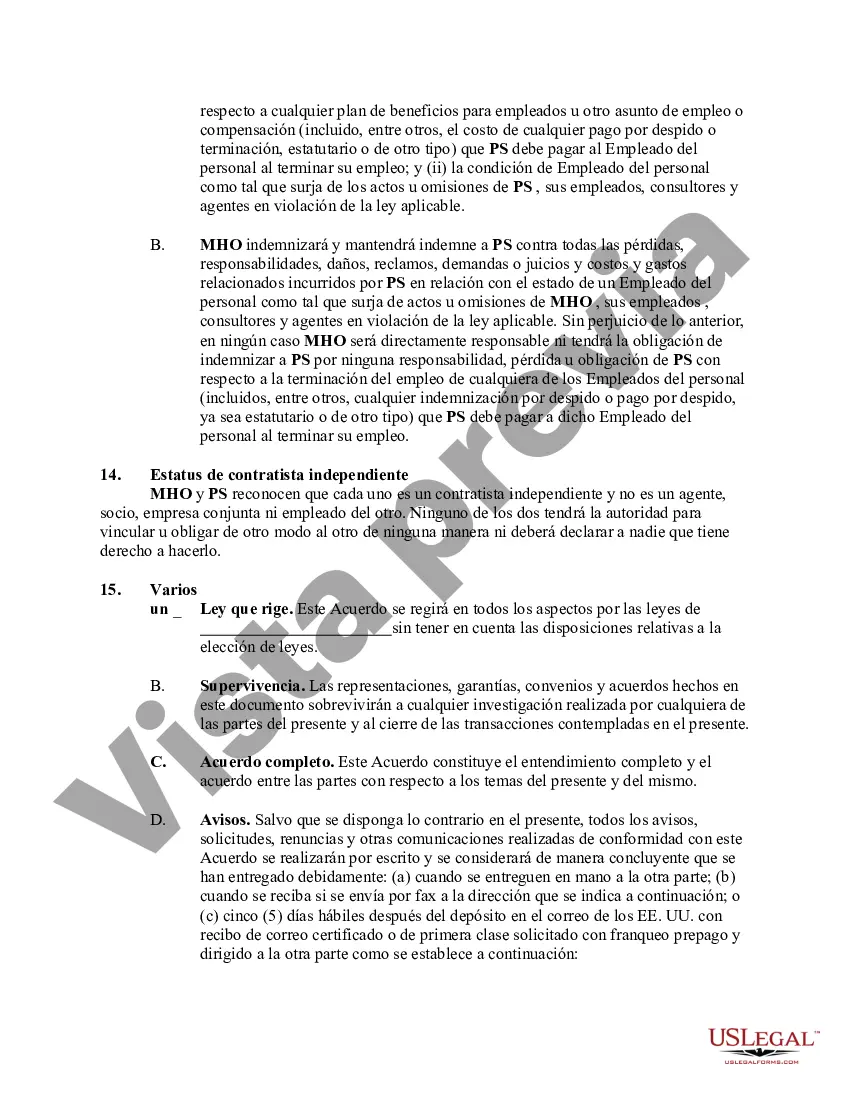 Preview Acuerdo entre contratistas independientes que trabajan por cuenta propia para proporcionar personal profesional a una organización de salud mental
