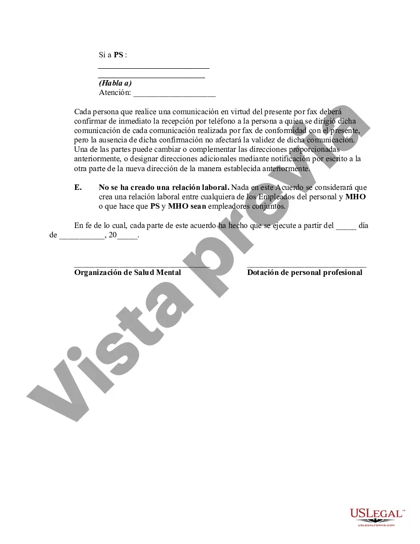 Preview Acuerdo entre contratistas independientes que trabajan por cuenta propia para proporcionar personal profesional a una organización de salud mental
