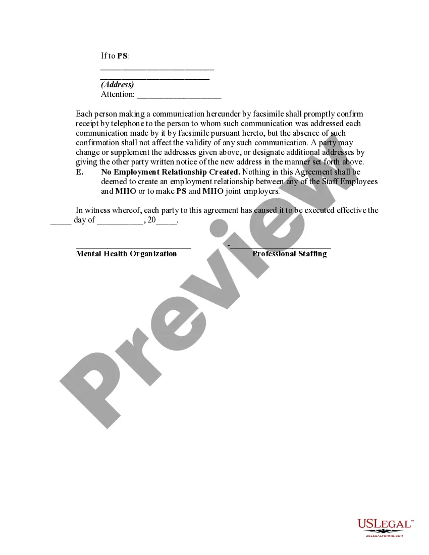 Get Agreement Between Self-Employed Independent Contractors to Provide Professional Staffing to Mental Health Organization Preview Agreement Between Self-Employed Independent Contractors to Provide Professional Staffing to Mental Health Organization