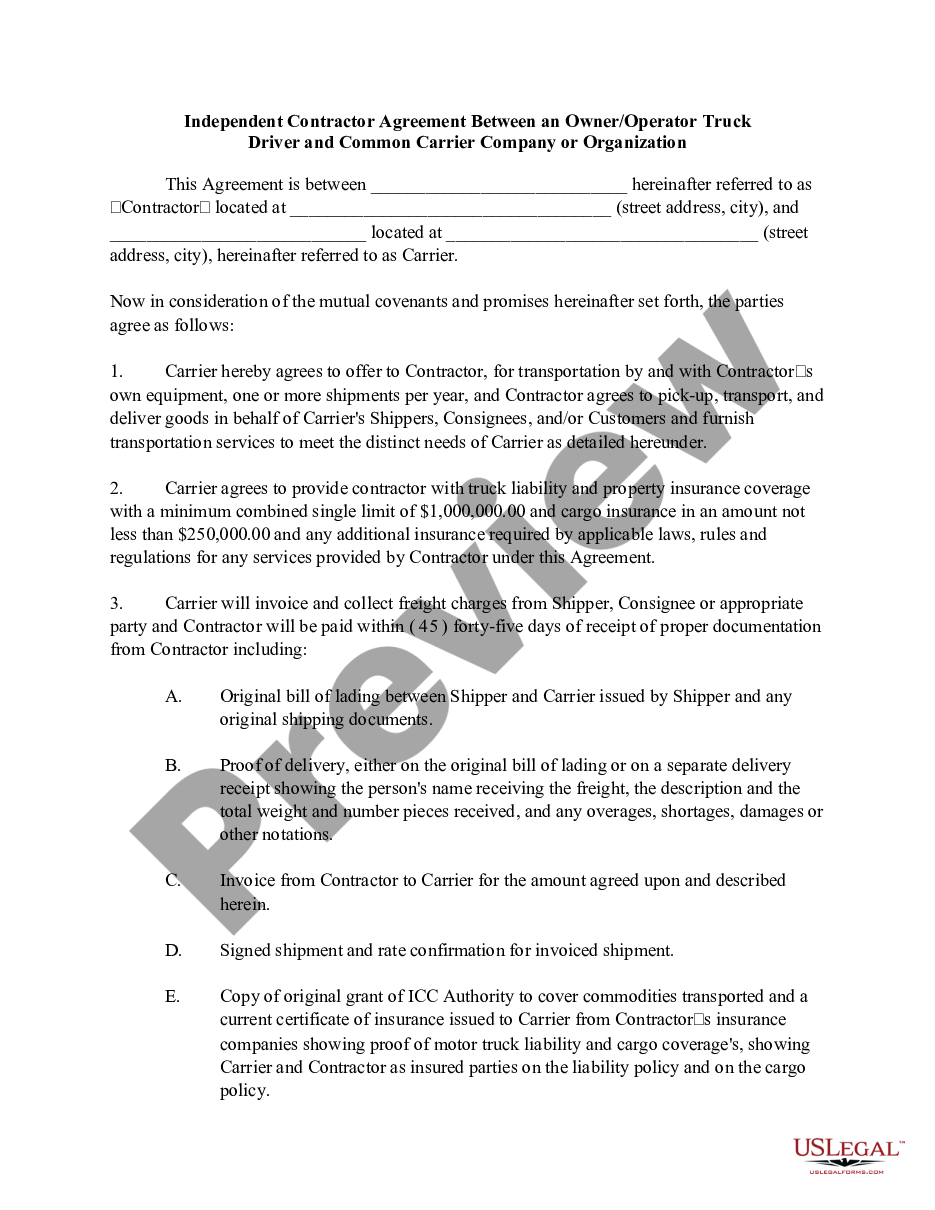 page 0 Self-Employed Independent Contractor Agreement Between an Owner / Operator Truck Driver and Common Carrier Company or Organization preview