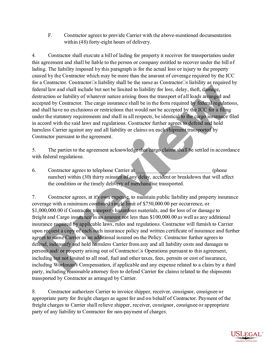 page 1 Self-Employed Independent Contractor Agreement Between an Owner / Operator Truck Driver and Common Carrier Company or Organization preview
