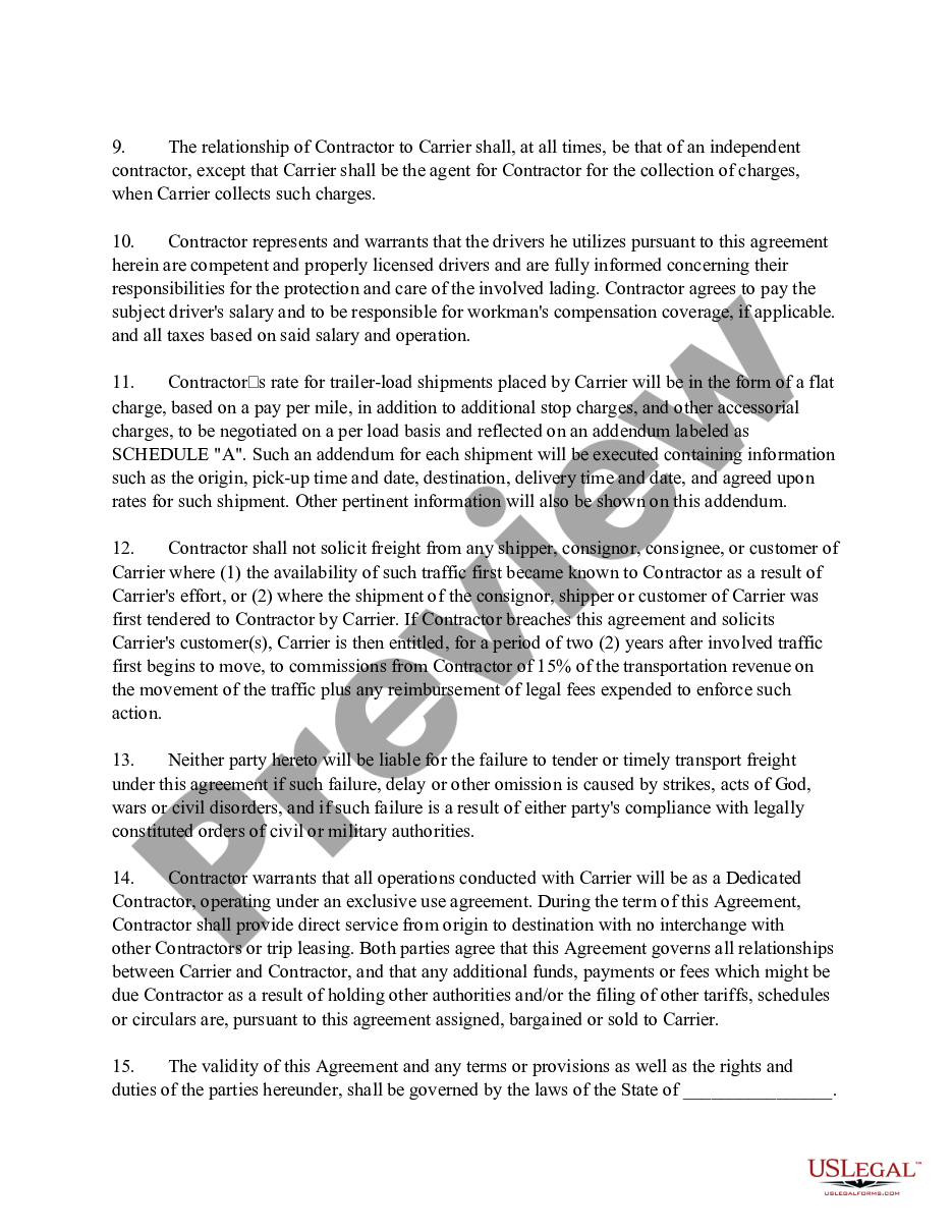 page 2 Self-Employed Independent Contractor Agreement Between an Owner / Operator Truck Driver and Common Carrier Company or Organization preview