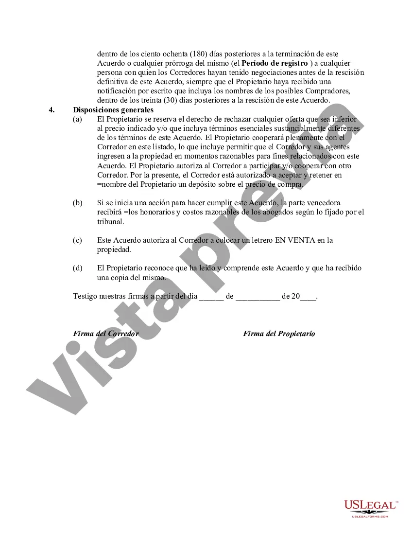 Preview Acuerdo de listado que otorga a un corredor o agente de bienes raíces el derecho exclusivo de vender propiedades comerciales o bienes raíces