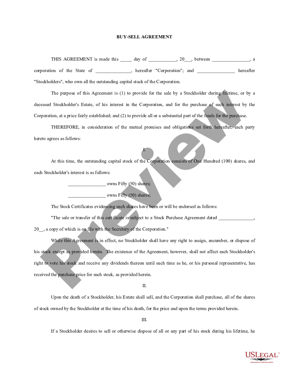 page 0 Buy Sell Agreement Between Shareholders and a Corporation preview