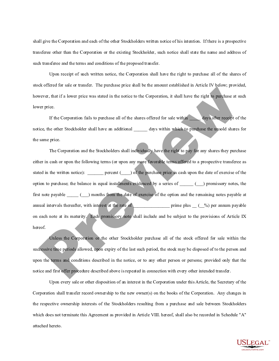page 1 Buy Sell Agreement Between Shareholders and a Corporation preview