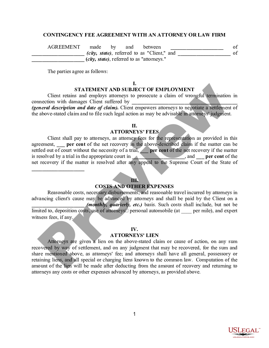 page 0 Contingency Fee Agreement with an Attorney or Law Firm preview