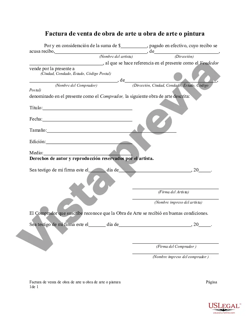 Preview Factura de venta de obra de arte u obra de arte o pintura