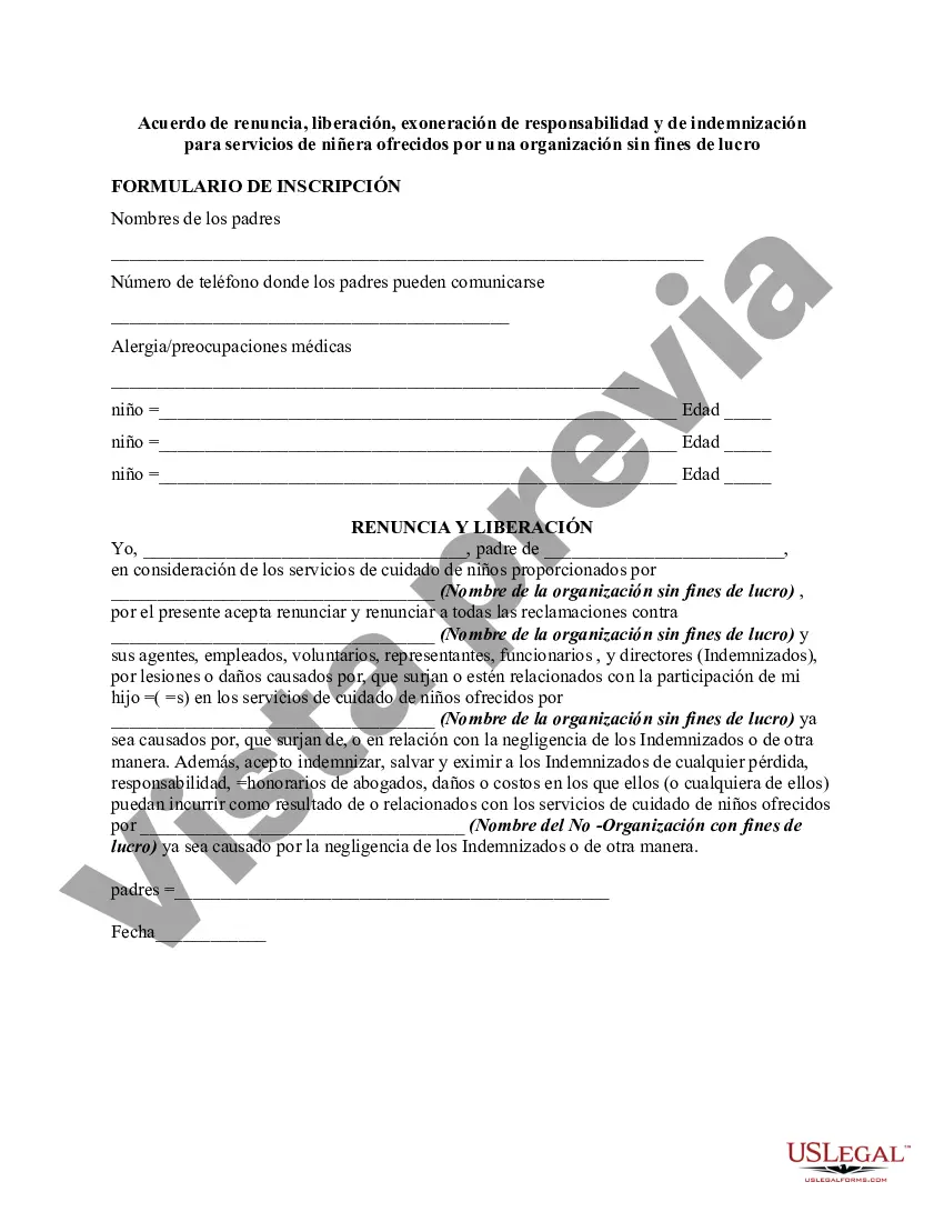 Preview Acuerdo de renuncia, liberación, exoneración de responsabilidad y acuerdo de indemnización por lesiones personales para los servicios de cuidado de niños ofrecidos por una organización sin fines de lucro