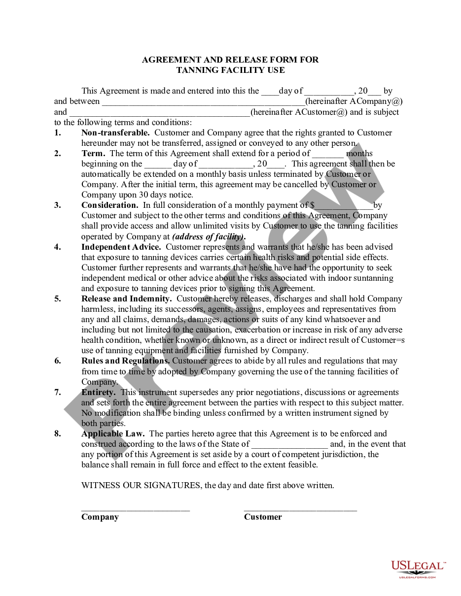 page 0 Agreement and Personal Injury Release for Tanning Facility Use preview