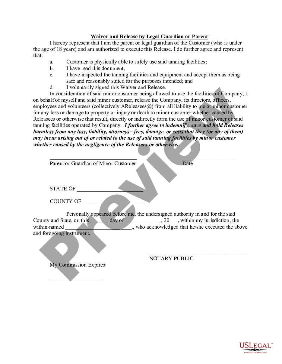 page 1 Agreement and Personal Injury Release for Tanning Facility Use preview