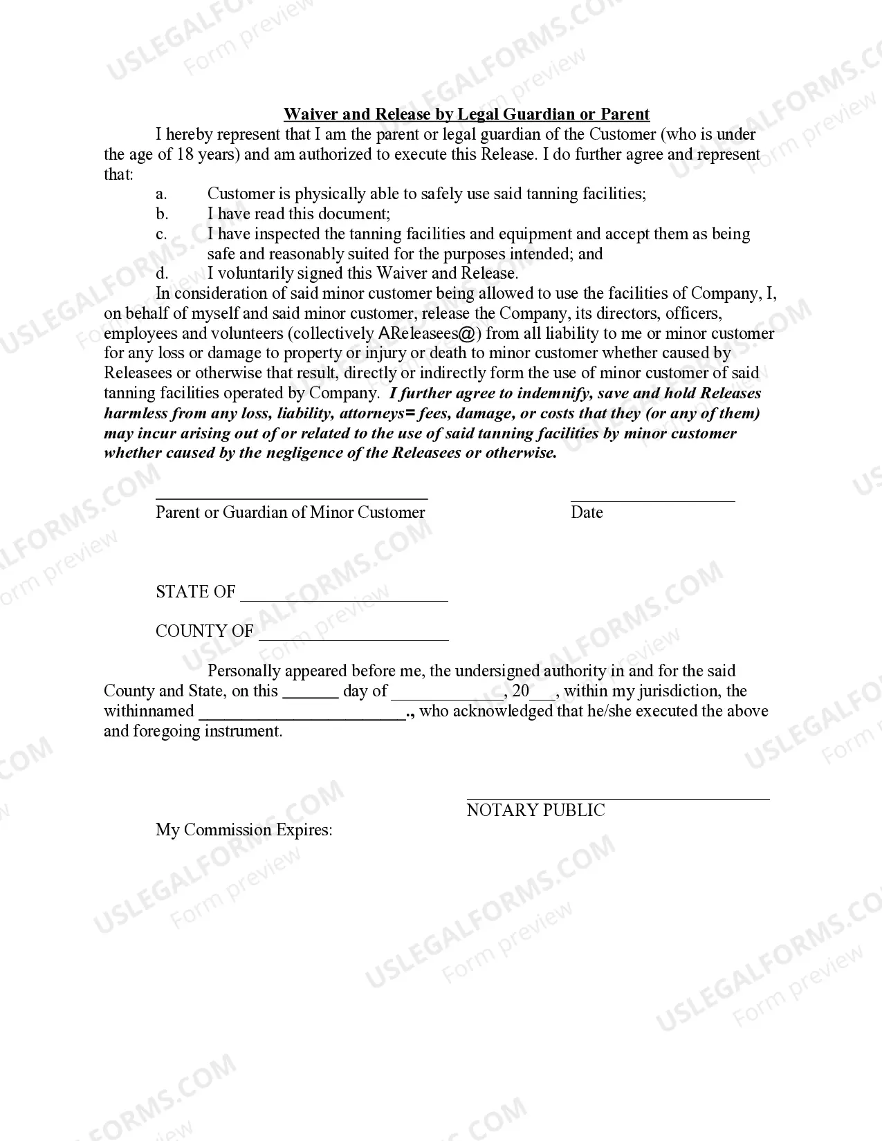 Preview Agreement and Personal Injury Release for Tanning Facility Use