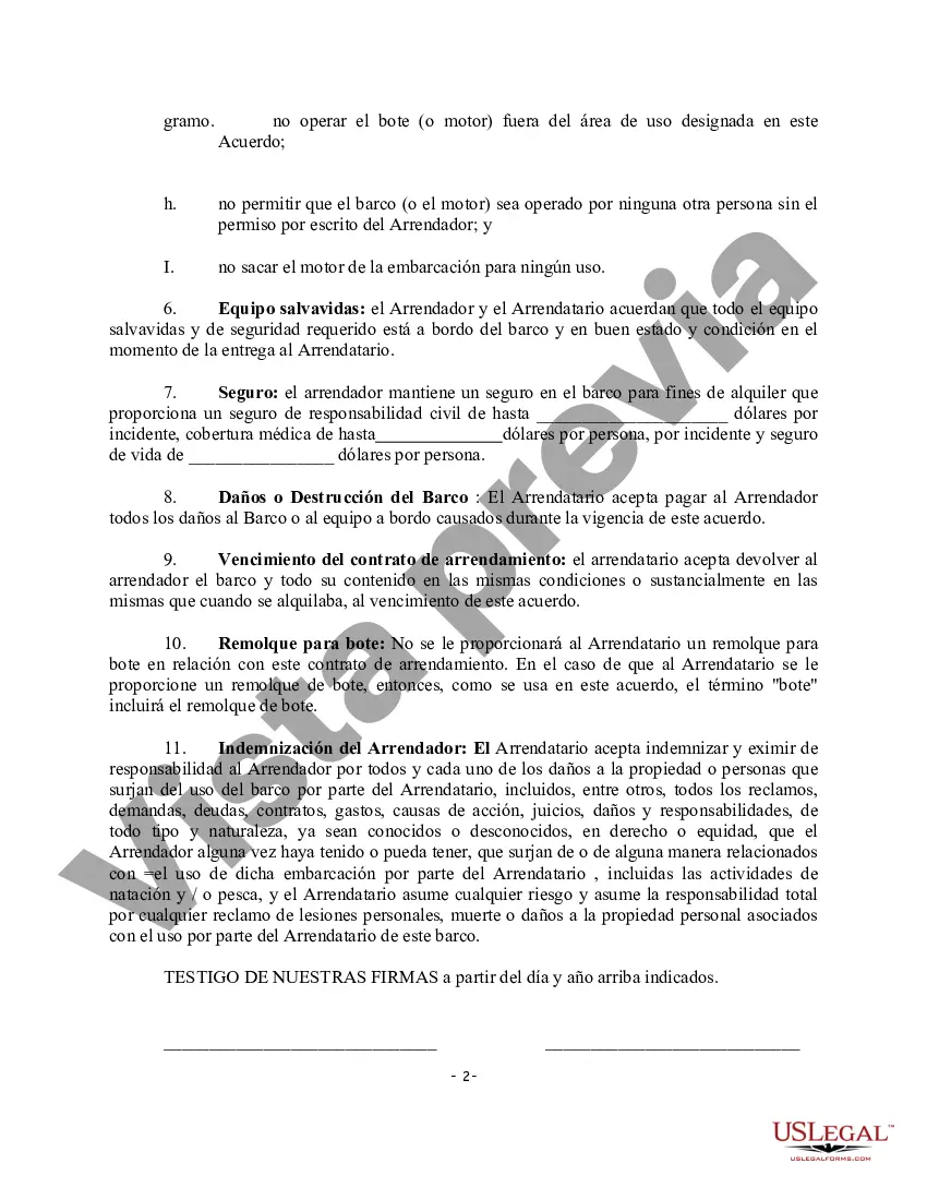 Preview Acuerdo de alquiler de embarcaciones con exención de daños personales y exención de daños personales o materiales e indemnización del arrendador por daños a la embarcación o al equipo