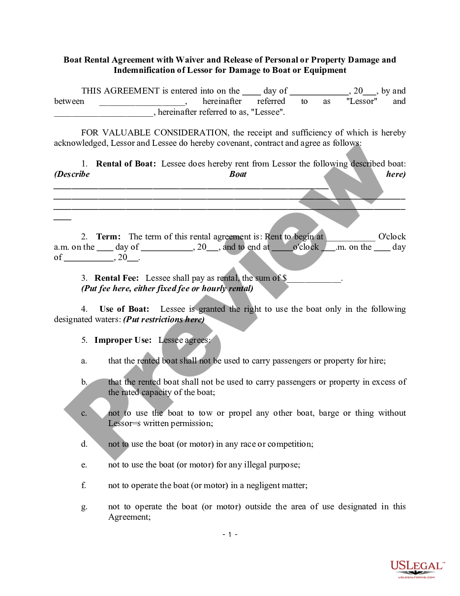 page 0 Boat Rental Agreement with Personal Injury Waiver and Release of Personal or Property Damage and Indemnification of Lessor for Damage to Boat or Equipment preview