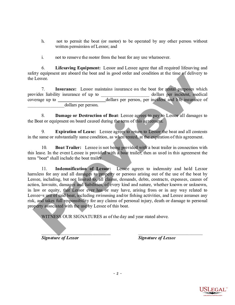 page 1 Boat Rental Agreement with Personal Injury Waiver and Release of Personal or Property Damage and Indemnification of Lessor for Damage to Boat or Equipment preview