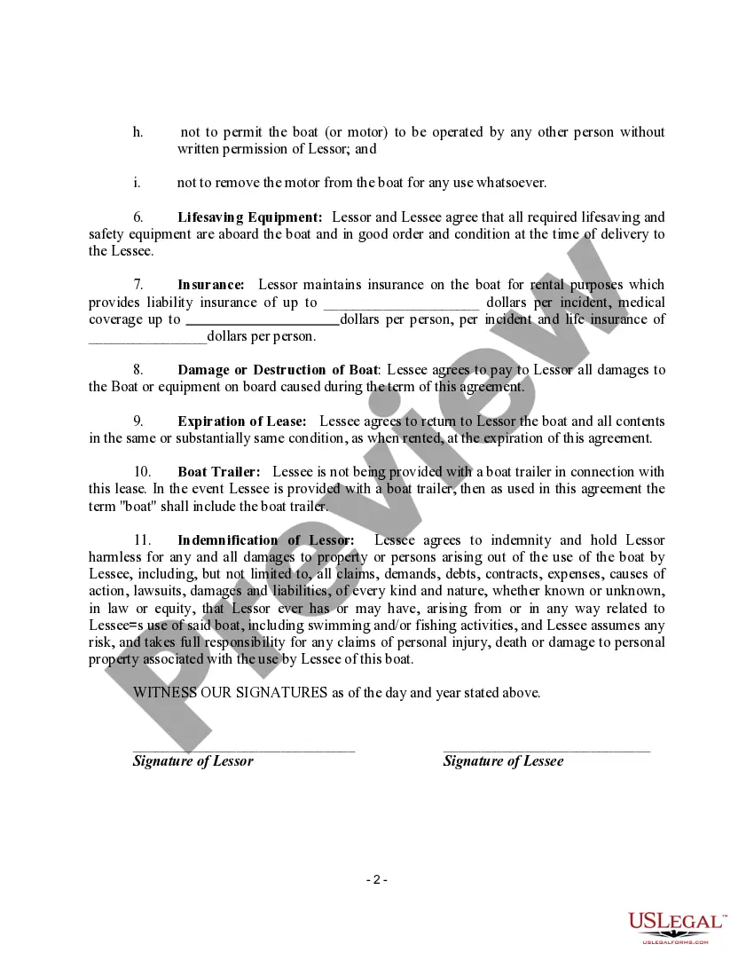 Preview Boat Rental Agreement with Personal Injury Waiver and Release of Personal or Property Damage and Indemnification of Lessor for Damage to Boat or Equipment