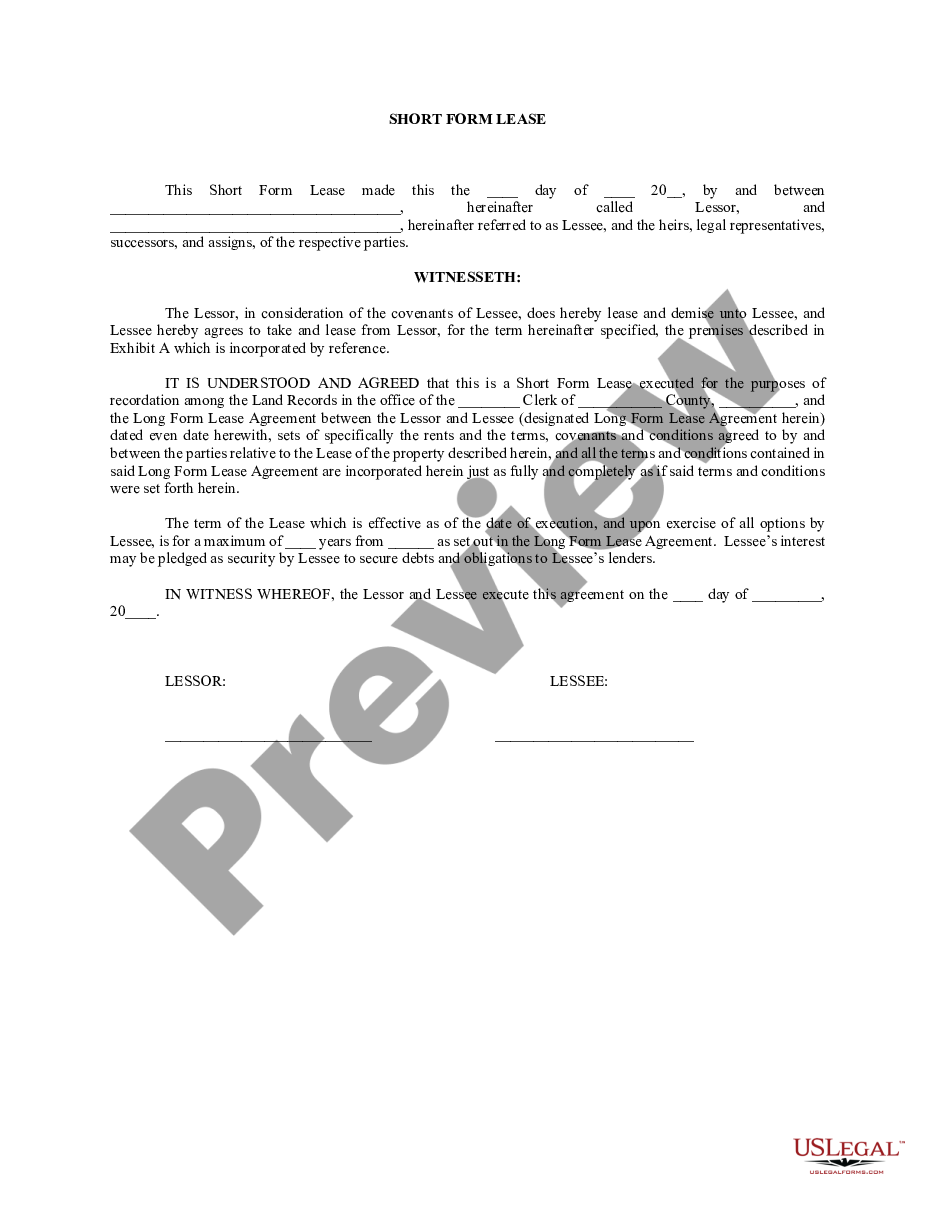 page 0 Commercial Lease - Short Form for Recording Notice of Lease preview