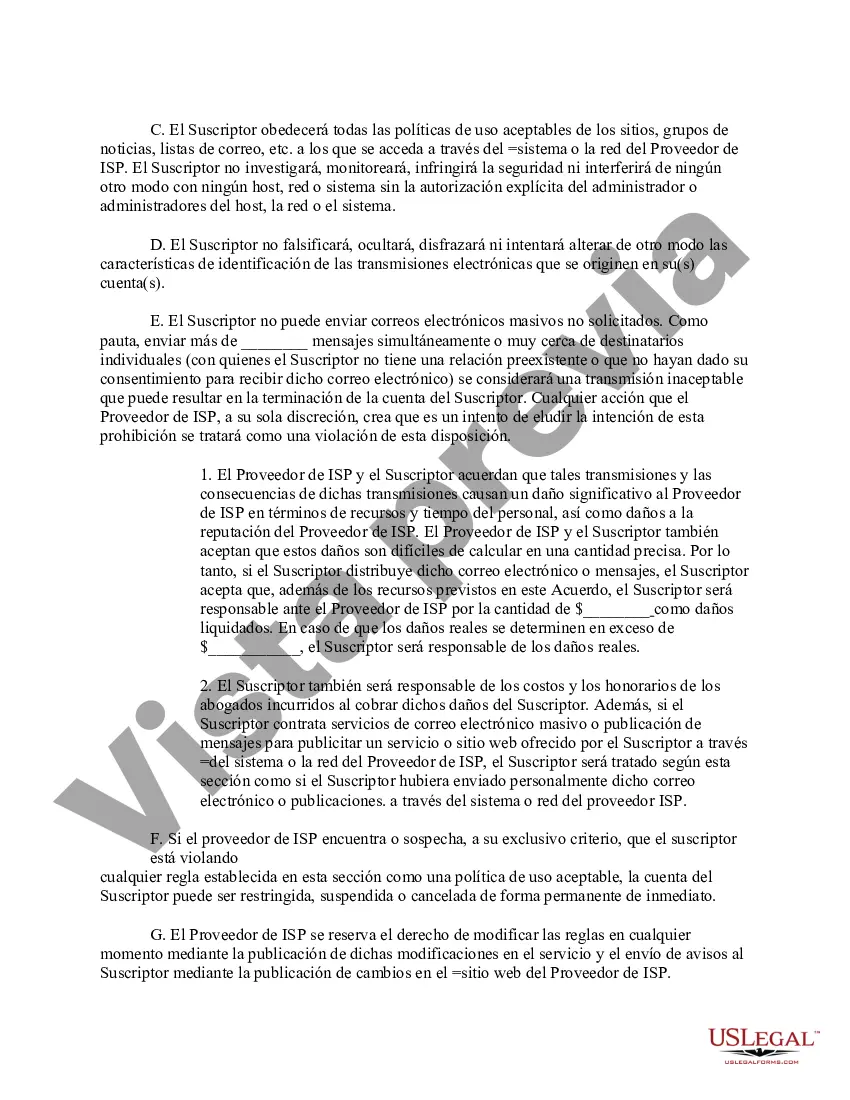 Preview Acuerdo de Servicio entre el Proveedor de Servicios de Internet y el Suscriptor con una Disposición Exculpatoria y de Daños Liquidados