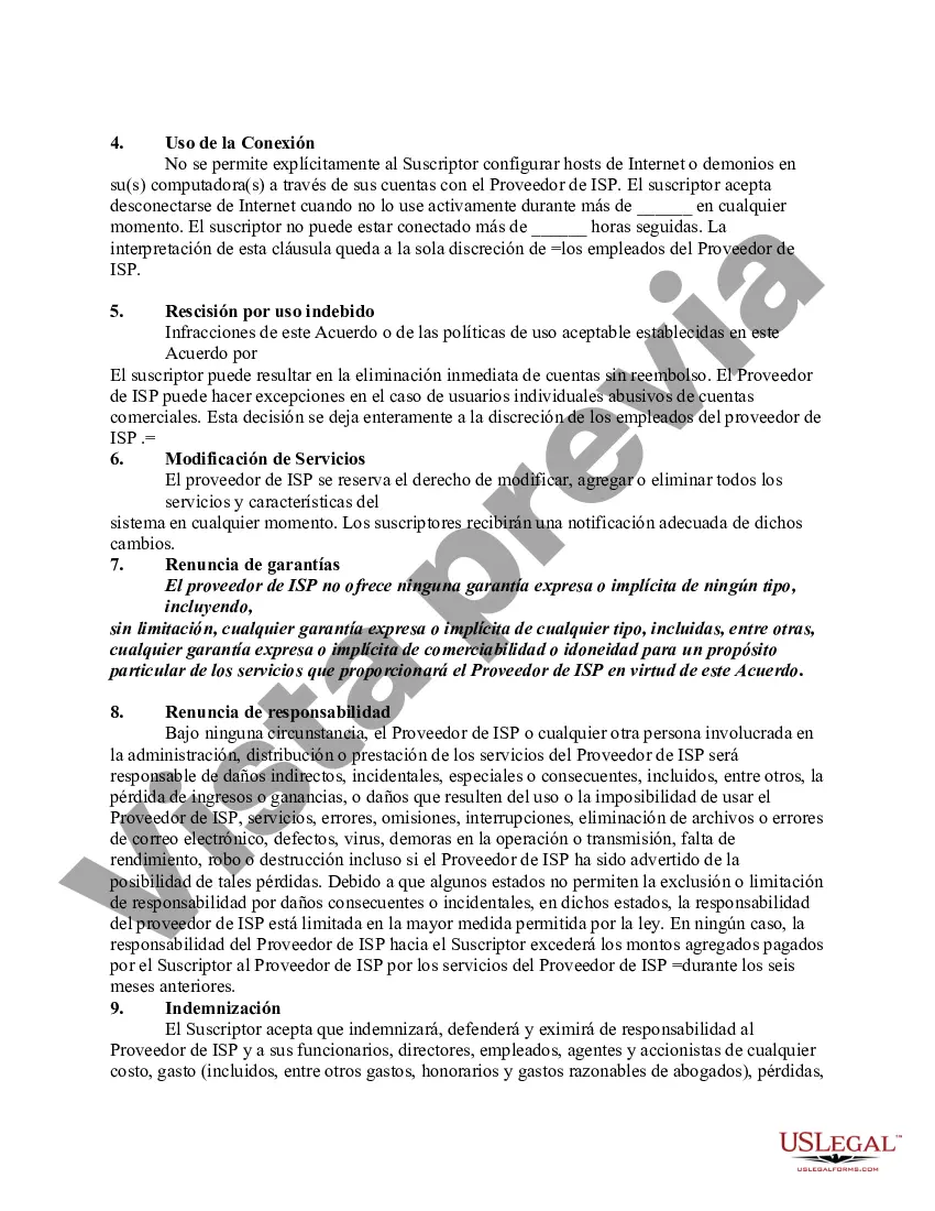 Preview Acuerdo de Servicio entre el Proveedor de Servicios de Internet y el Suscriptor con una Disposición Exculpatoria y de Daños Liquidados