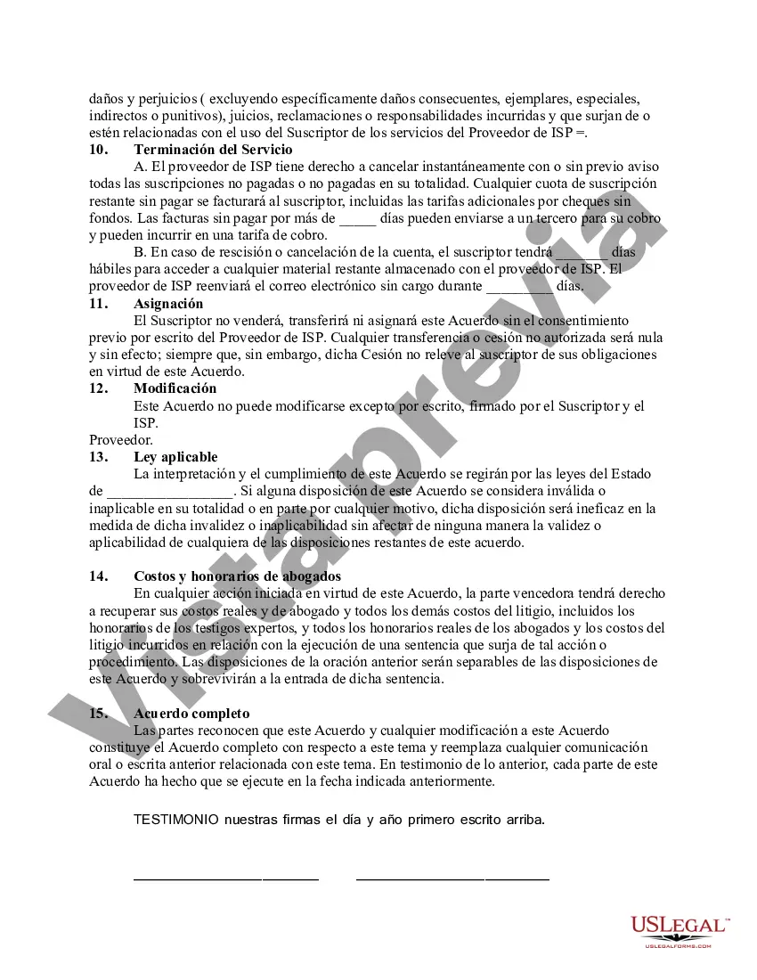 Preview Acuerdo de Servicio entre el Proveedor de Servicios de Internet y el Suscriptor con una Disposición Exculpatoria y de Daños Liquidados
