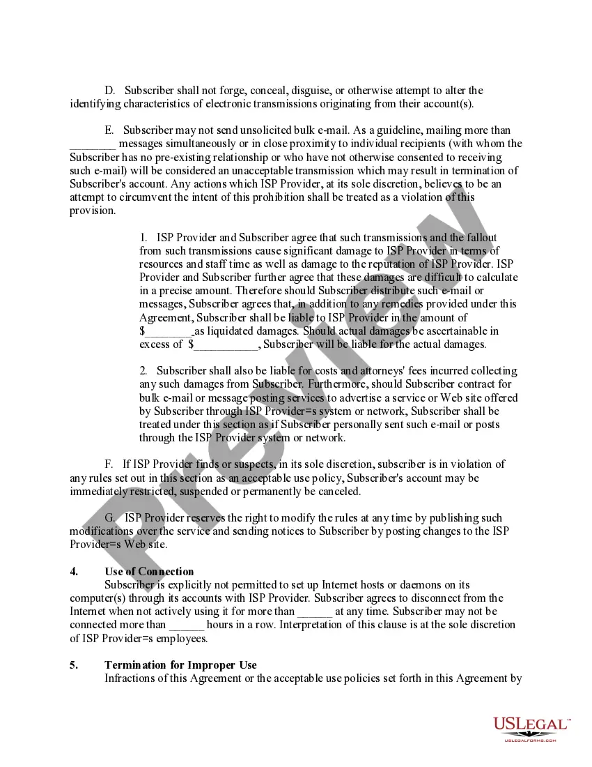 Get Service Agreement between Internet Service Provider and Subscriber with a Liquidated Damage and Exculpatory Provision Preview Service Agreement between Internet Service Provider and Subscriber with a Liquidated Damage and Exculpatory Provision