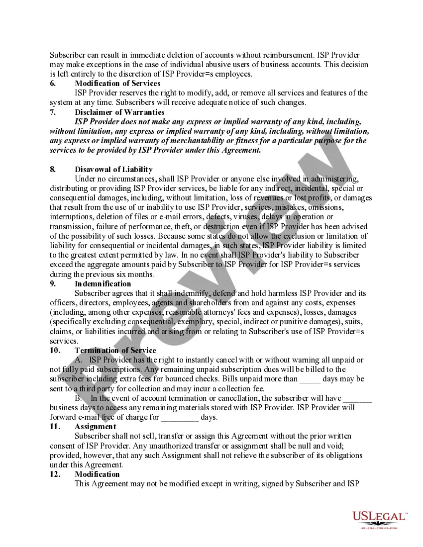 Get Service Agreement between Internet Service Provider and Subscriber with a Liquidated Damage and Exculpatory Provision Preview Service Agreement between Internet Service Provider and Subscriber with a Liquidated Damage and Exculpatory Provision