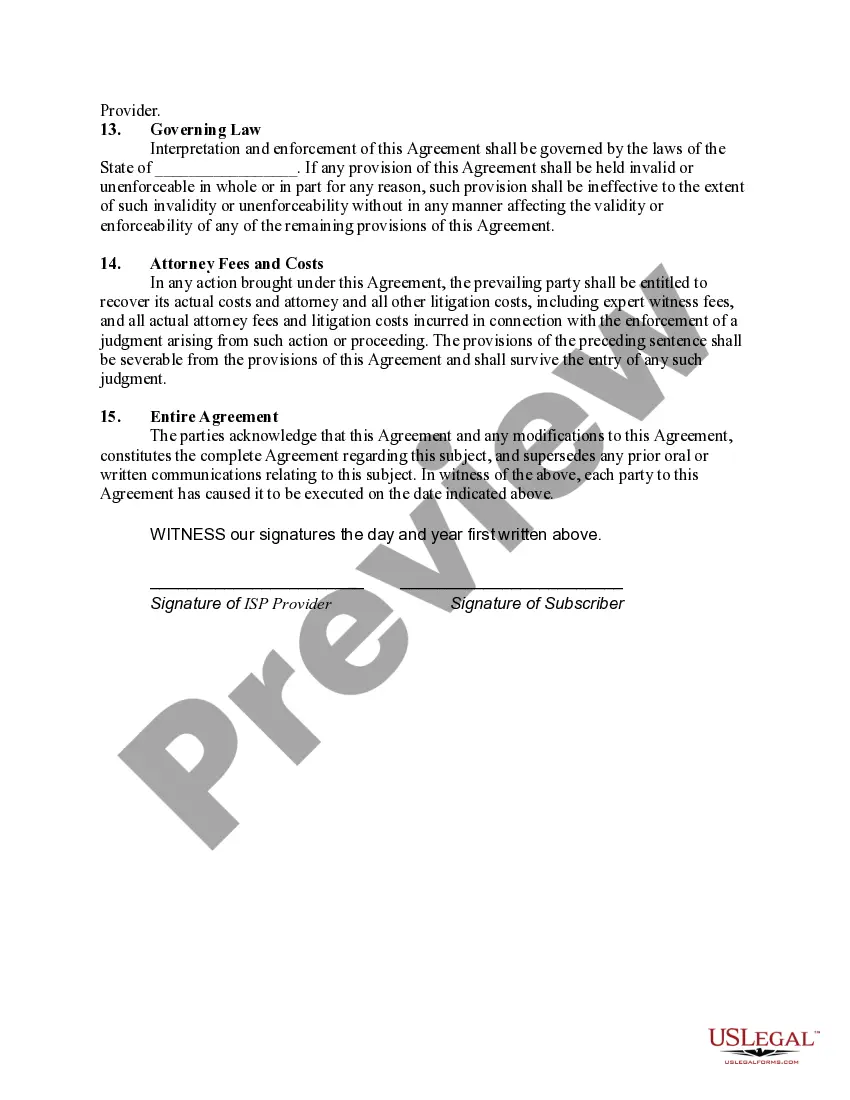 Get Service Agreement between Internet Service Provider and Subscriber with a Liquidated Damage and Exculpatory Provision Preview Service Agreement between Internet Service Provider and Subscriber with a Liquidated Damage and Exculpatory Provision