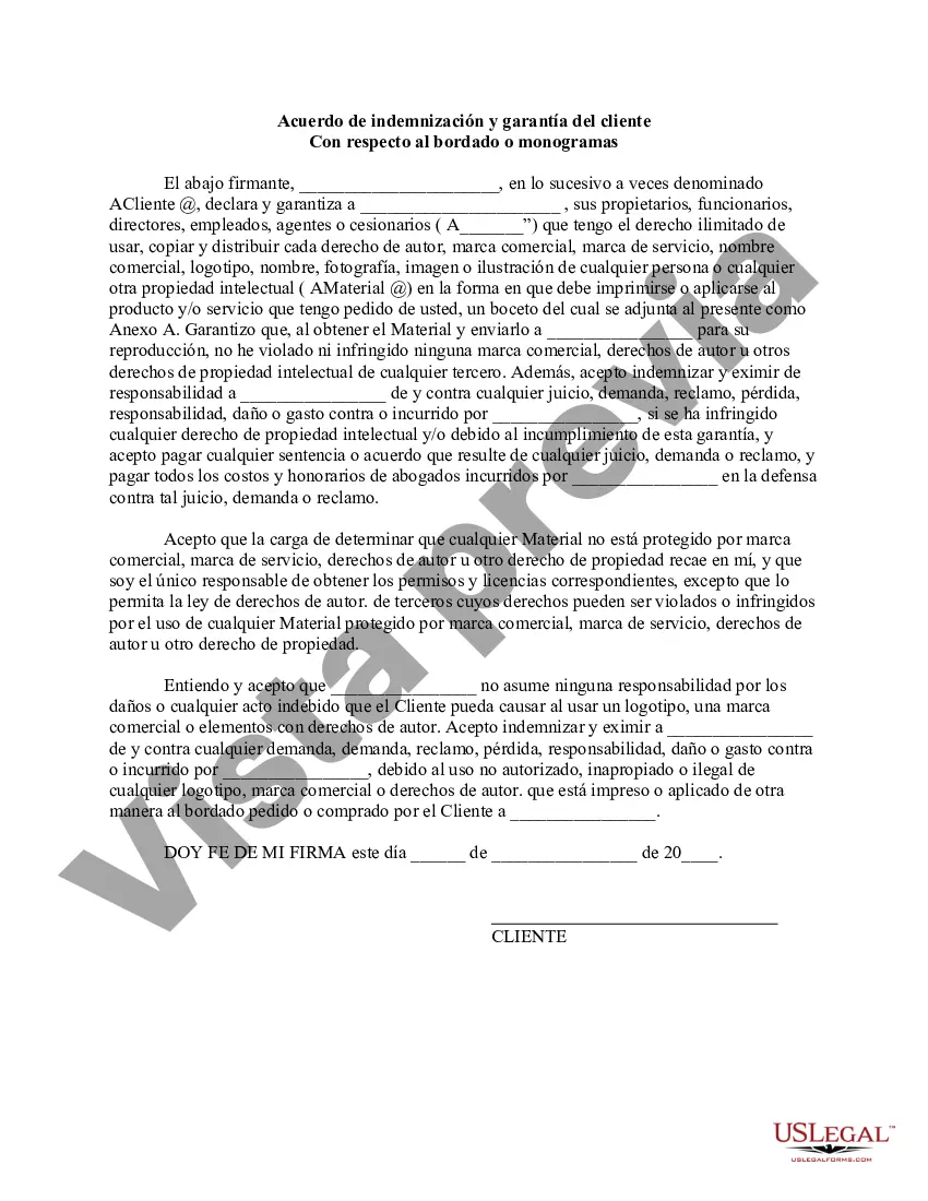 Preview Acuerdo de indemnización y garantía del cliente con respecto a bordados o monogramas