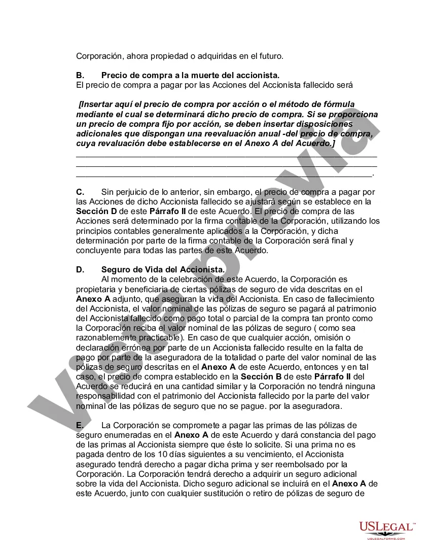 Preview Acuerdo de compra venta o compra de acciones que cubre acciones ordinarias en una corporación cerrada con opción de financiar la compra a través de un seguro de vida