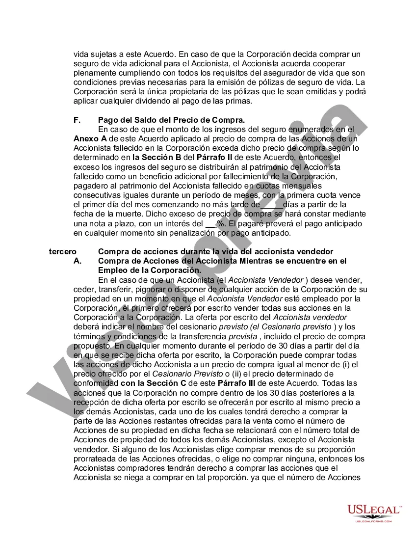 Preview Acuerdo de compra venta o compra de acciones que cubre acciones ordinarias en una corporación cerrada con opción de financiar la compra a través de un seguro de vida