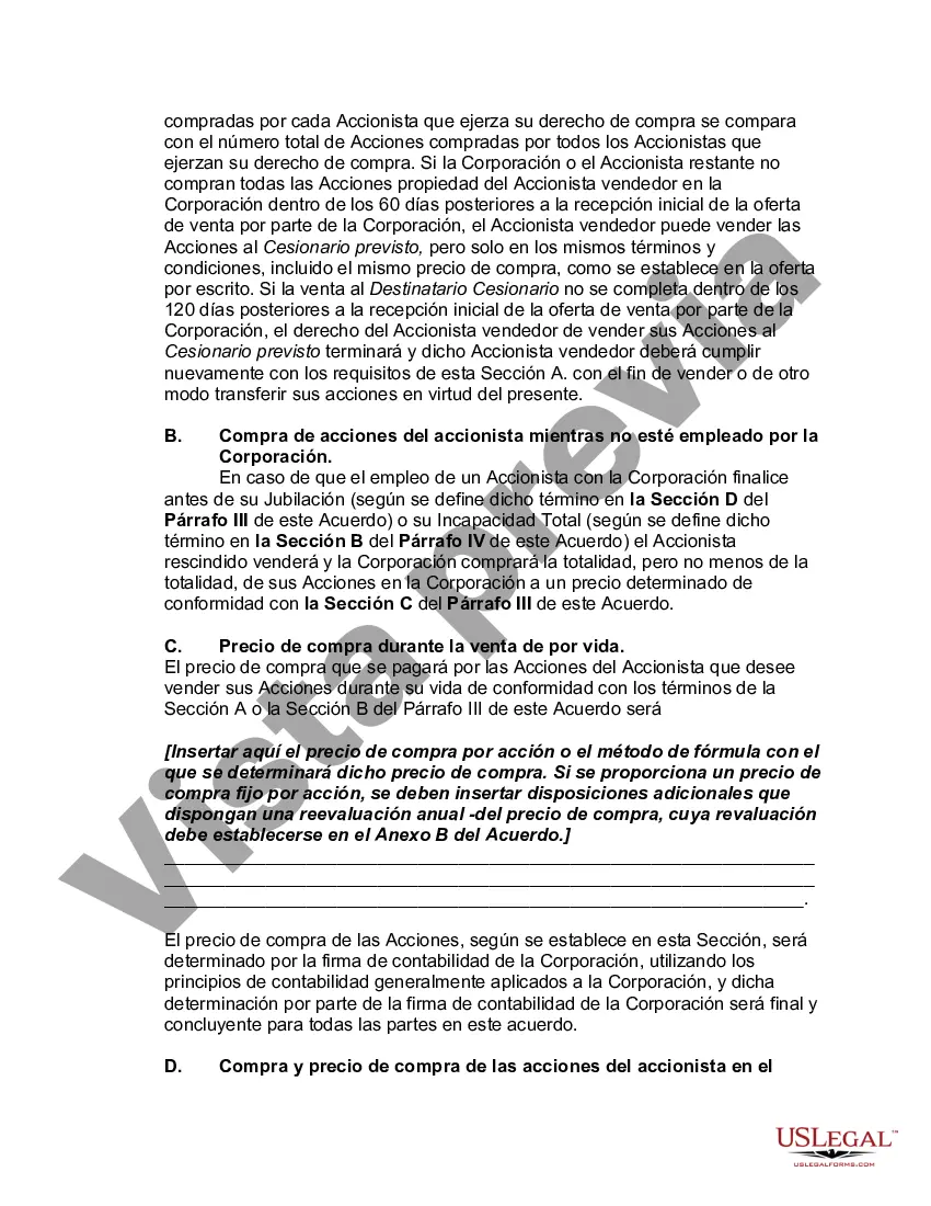 Preview Acuerdo de compra venta o compra de acciones que cubre acciones ordinarias en una corporación cerrada con opción de financiar la compra a través de un seguro de vida