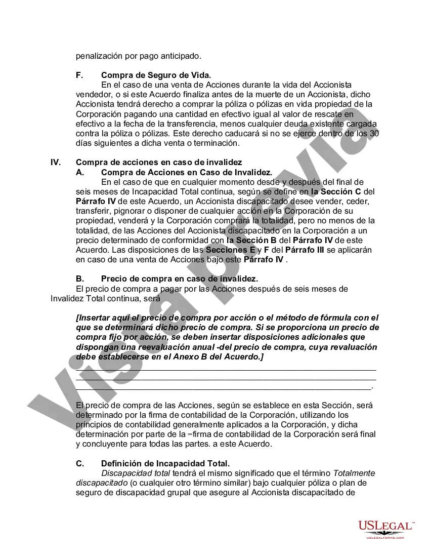 Preview Acuerdo de compra venta o compra de acciones que cubre acciones ordinarias en una corporación cerrada con opción de financiar la compra a través de un seguro de vida