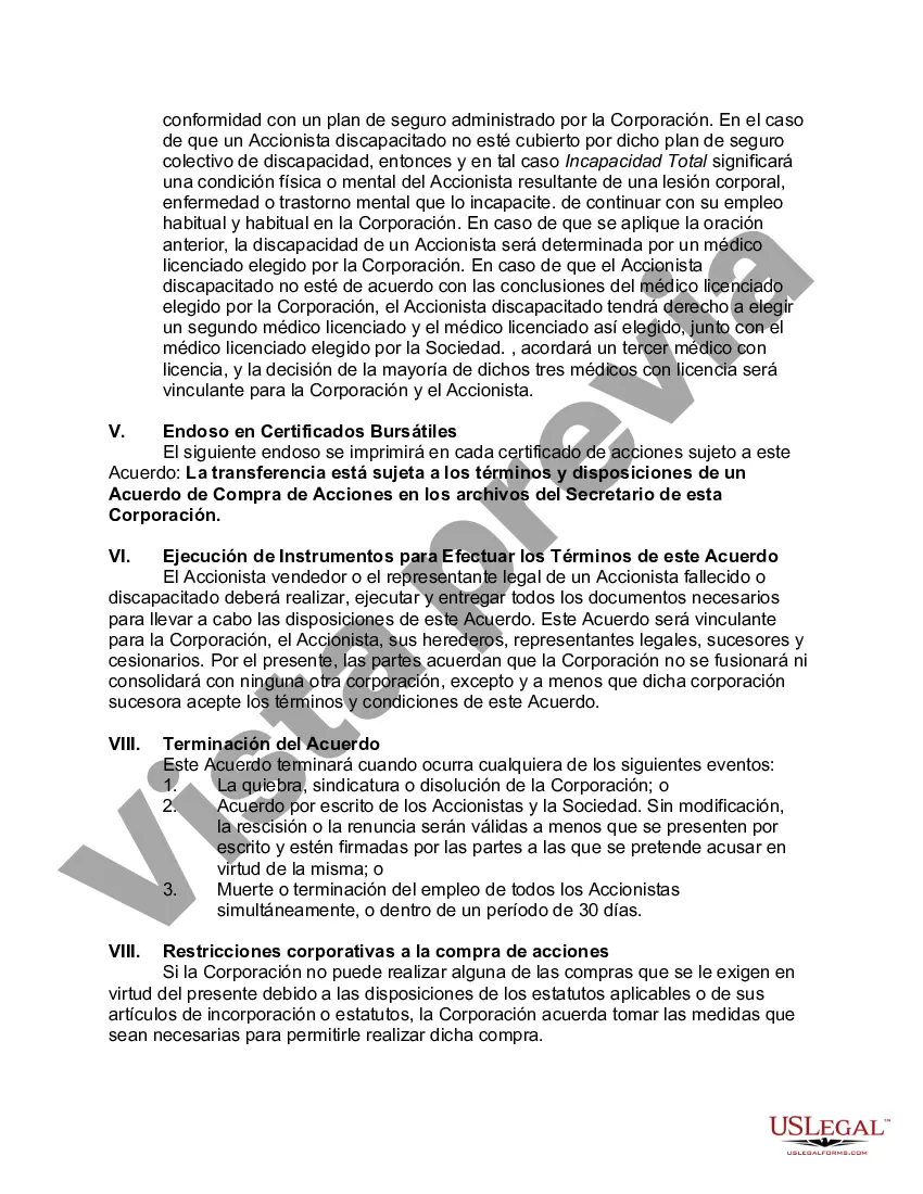 Preview Acuerdo de compra venta o compra de acciones que cubre acciones ordinarias en una corporación cerrada con opción de financiar la compra a través de un seguro de vida