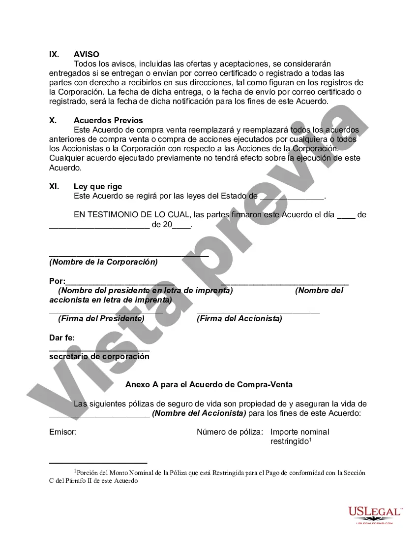 Preview Acuerdo de compra venta o compra de acciones que cubre acciones ordinarias en una corporación cerrada con opción de financiar la compra a través de un seguro de vida