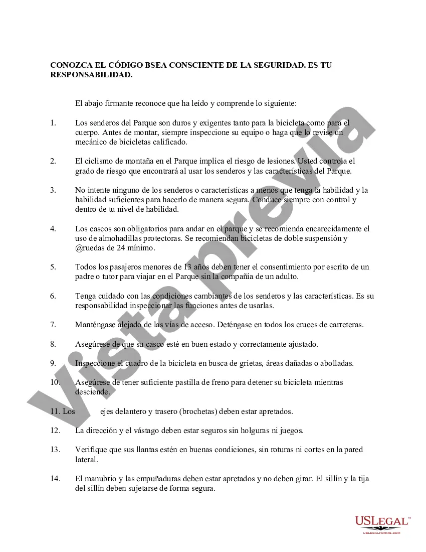 Preview Liberación de responsabilidad, exención de reclamos por lesiones personales, asunción de riesgo y acuerdo de indemnización con respecto al ciclismo de montaña en el parque