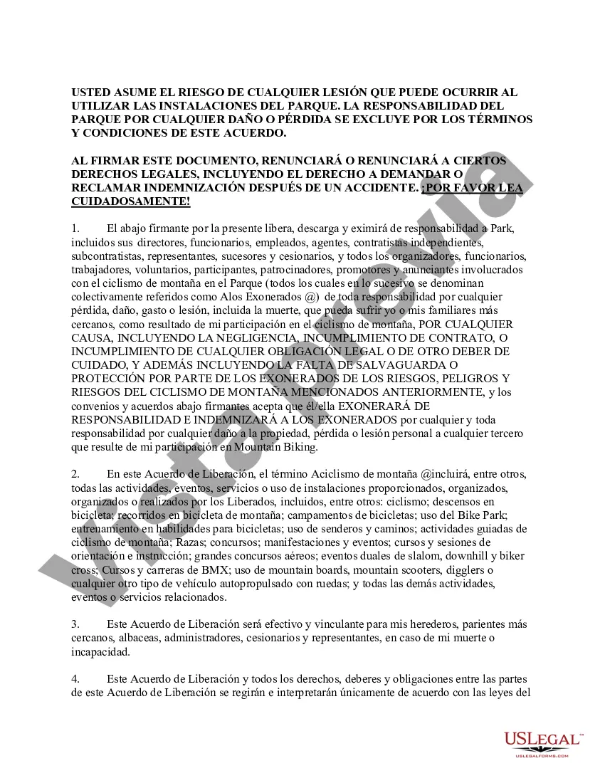 Preview Liberación de responsabilidad, exención de reclamos por lesiones personales, asunción de riesgo y acuerdo de indemnización con respecto al ciclismo de montaña en el parque