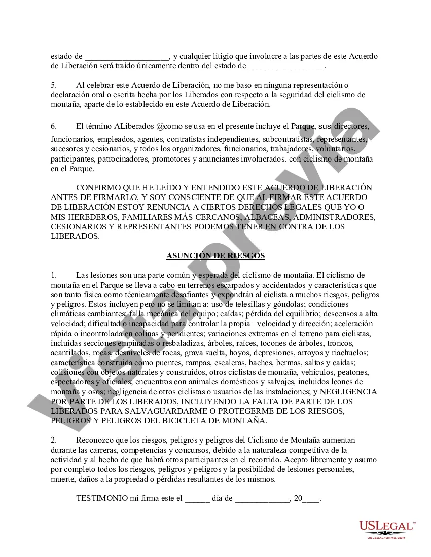 Preview Liberación de responsabilidad, exención de reclamos por lesiones personales, asunción de riesgo y acuerdo de indemnización con respecto al ciclismo de montaña en el parque